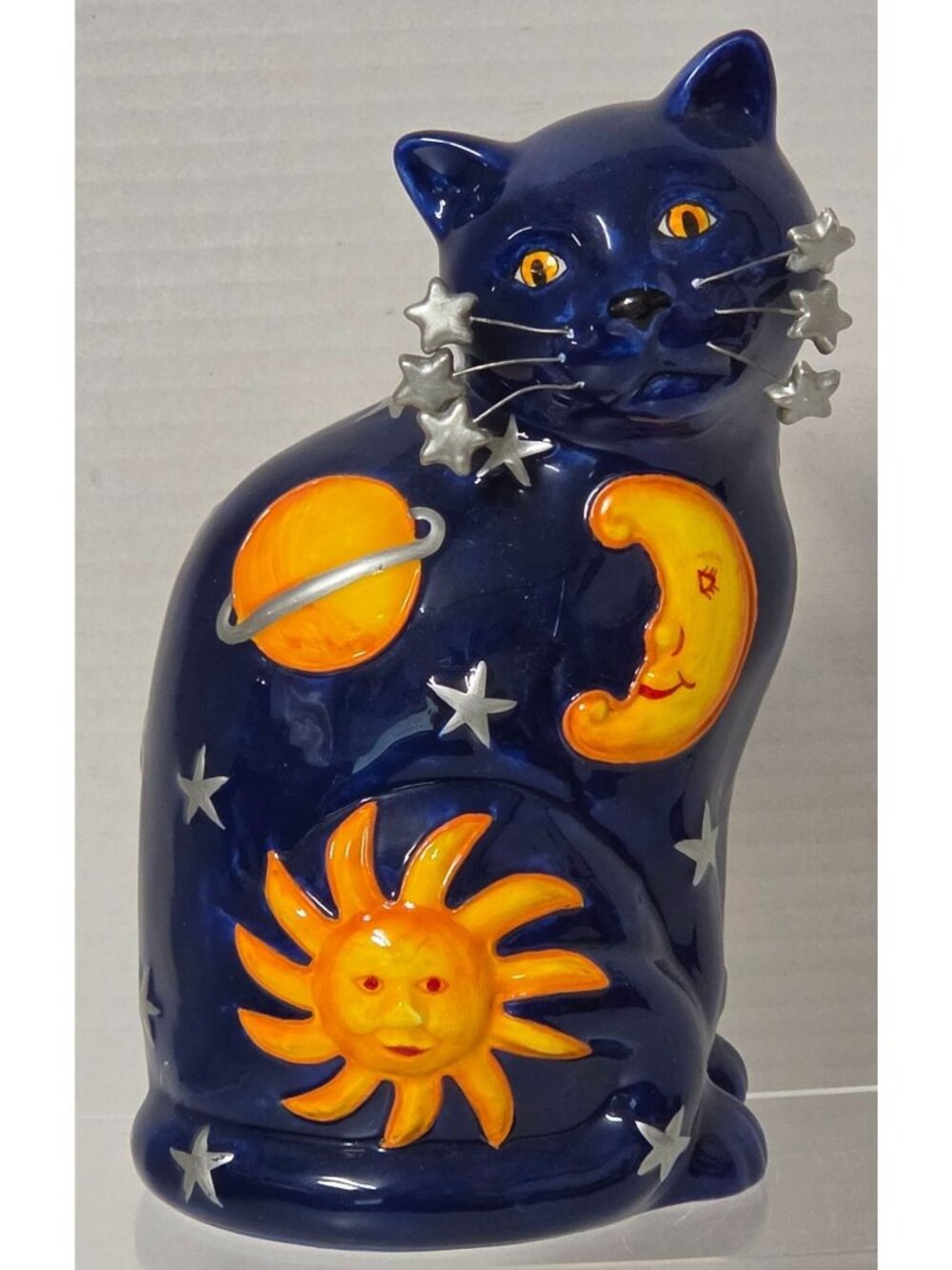 Whimsiclay Teodoro Celestial Cat Coin Bank Sun Moon Stars 2004 Willitts 7.5"